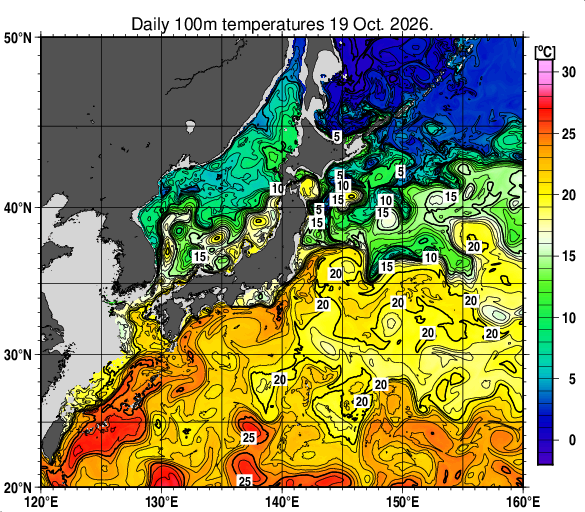 日本近海の深さ100mの水温分布図（10月19日）