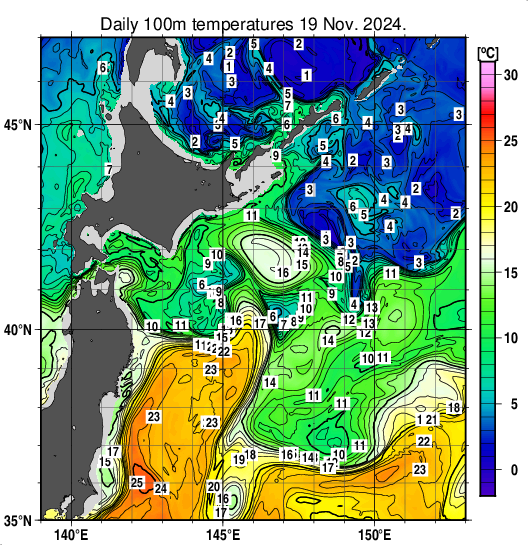 親潮域の深さ100mの水温分布図（11月19日）