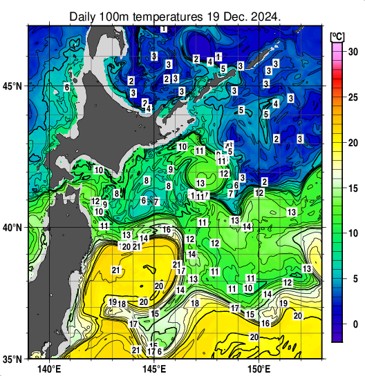 親潮域の深さ100mの水温分布図（12月19日）