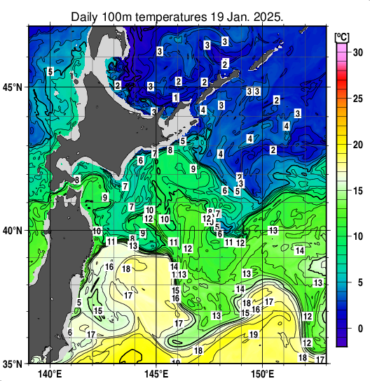 親潮域の深さ100mの水温分布図（1月19日）