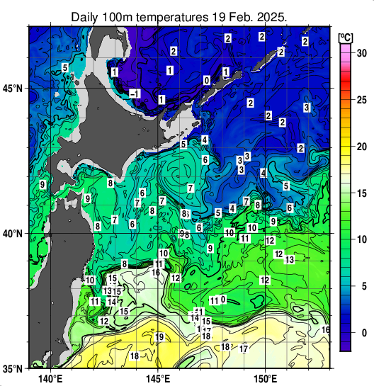 親潮域の深さ100mの水温分布図（2月19日）