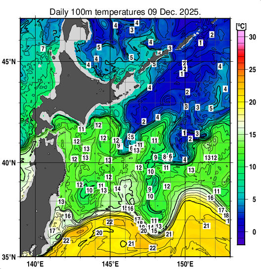 親潮域の深さ100mの水温分布図（12月9日）