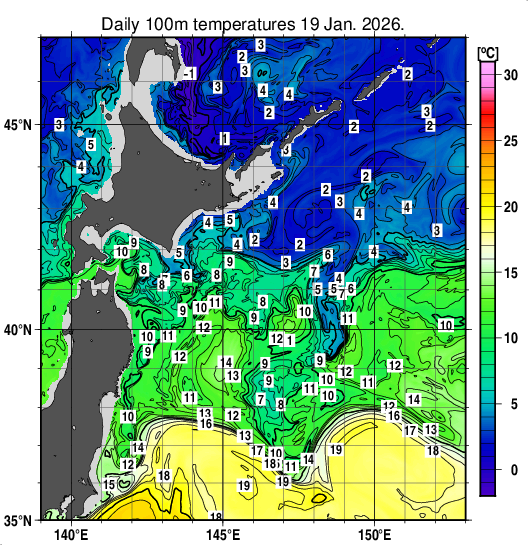 親潮域の深さ100mの水温分布図（1月19日）