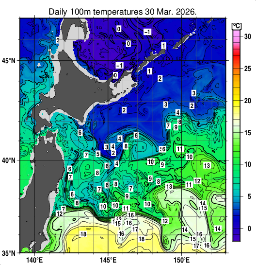 親潮域の深さ100mの水温分布図（3月30日）