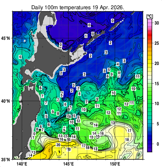 親潮域の深さ100mの水温分布図（4月19日）