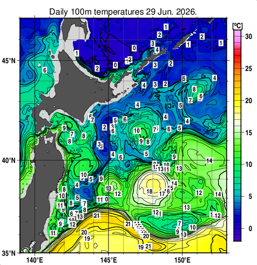 親潮域の深さ100mの水温分布図（6月29日）