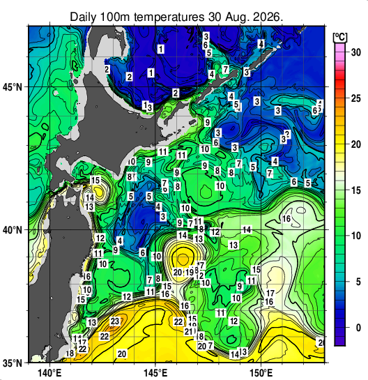親潮域の深さ100mの水温分布図（8月30日）