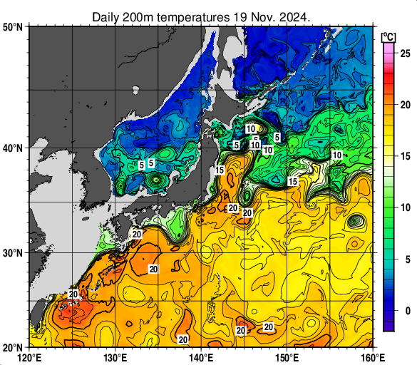 日本近海の深さ200mの水温分布図（11月19日）