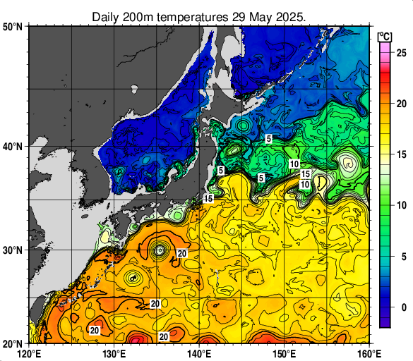 日本近海の深さ200mの水温分布図（5月29日）