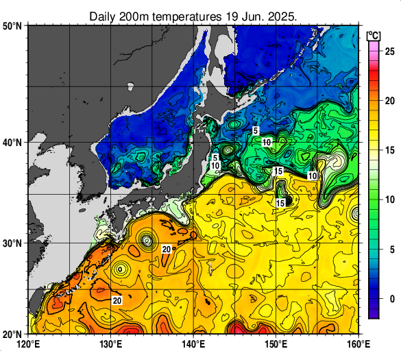 日本近海の深さ200mの水温分布図（6月19日）