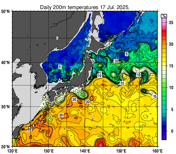 日本近海の深さ200mの水温分布図（7月17日）