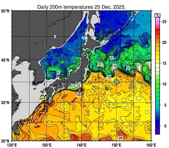 日本近海の深さ200mの水温分布図（12月25日）