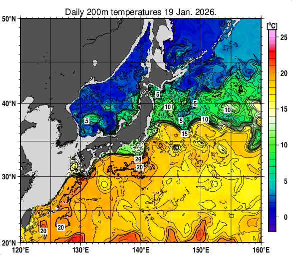 日本近海の深さ200mの水温分布図（1月19日）