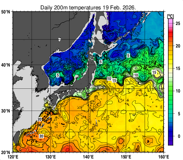 日本近海の深さ200mの水温分布図（2月19日）