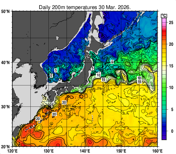 日本近海の深さ200mの水温分布図（3月30日）