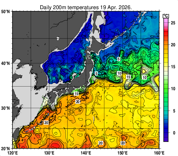 日本近海の深さ200mの水温分布図（4月19日）