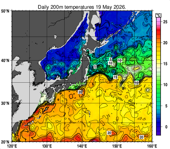 日本近海の深さ200mの水温分布図（5月19日）