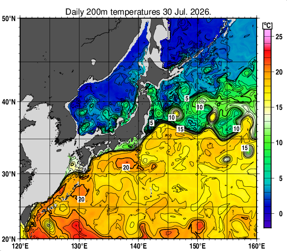 日本近海の深さ200mの水温分布図（7月30日）