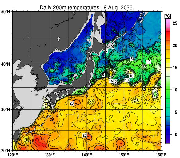 日本近海の深さ200mの水温分布図（8月19日）