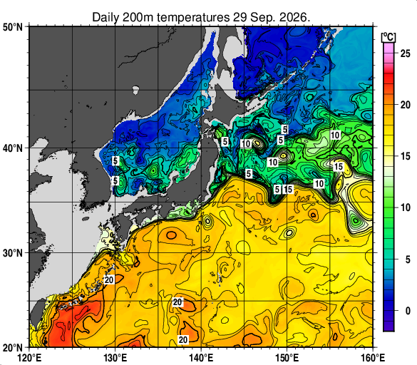 日本近海の深さ200mの水温分布図（9月29日）