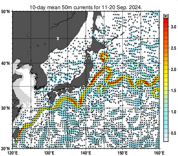 日本近海の深さ50mの旬平均海流分布図（2024年9月中旬）