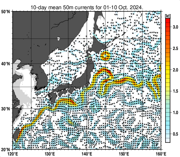 日本近海の深さ50mの旬平均海流分布図（2024年10月上旬）