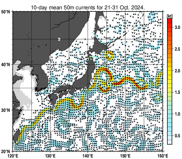 日本近海の深さ50mの旬平均海流分布図（2024年10月下旬）