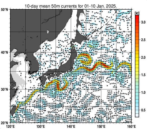 日本近海の深さ50mの旬平均海流分布図（2025年1月上旬）