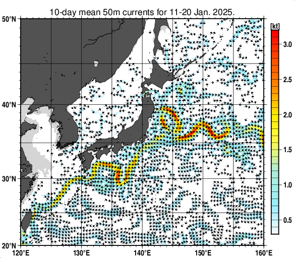 日本近海の深さ50mの旬平均海流分布図（2025年1月中旬）