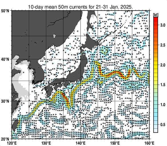 日本近海の深さ50mの旬平均海流分布図（2025年1月下旬）