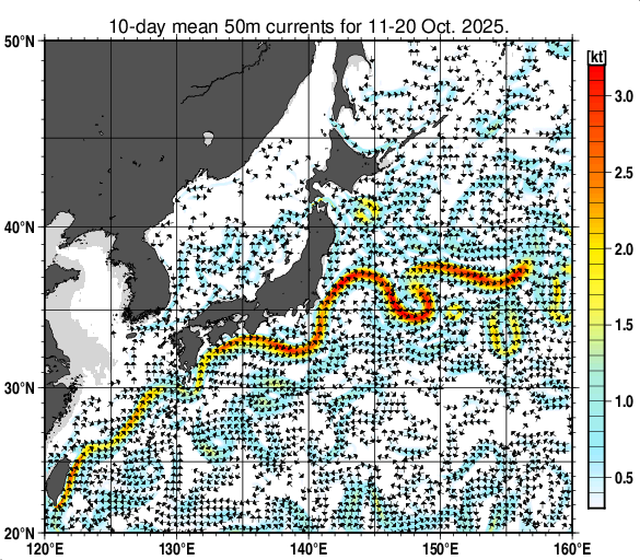 日本近海の深さ50mの旬平均海流分布図（2025年10月中旬）