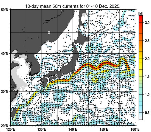 日本近海の深さ50mの旬平均海流分布図（2025年12月上旬）