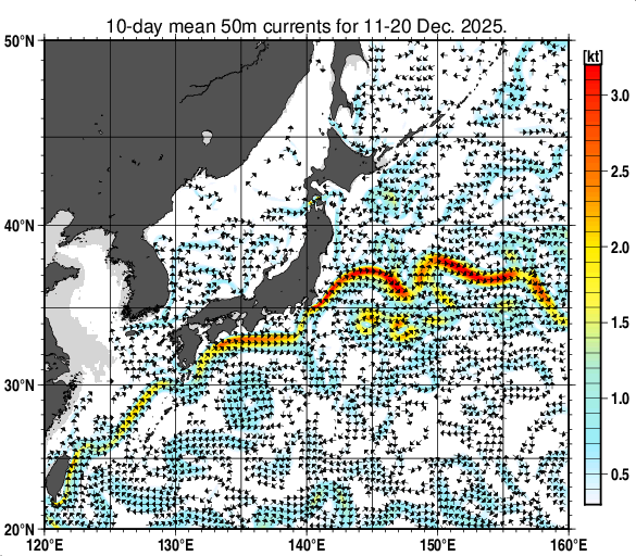 日本近海の深さ50mの旬平均海流分布図（2025年12月中旬）