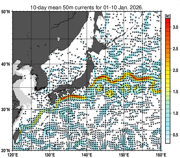 日本近海の深さ50mの旬平均海流分布図（2026年1月上旬）