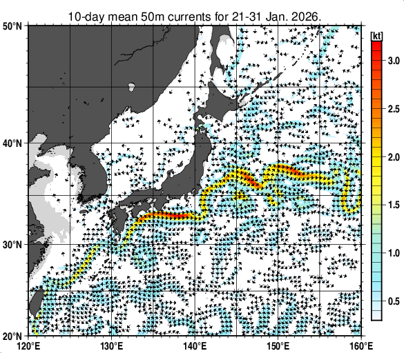 日本近海の深さ50mの旬平均海流分布図（2026年1月下旬）