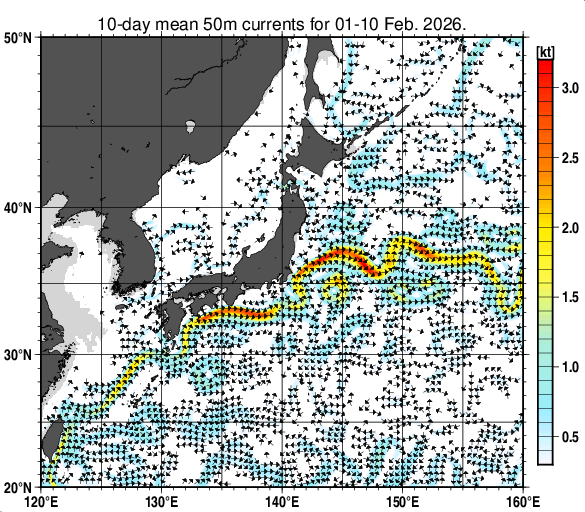 日本近海の深さ50mの旬平均海流分布図（2026年2月上旬）
