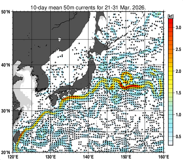 日本近海の深さ50mの旬平均海流分布図（2026年3月下旬）