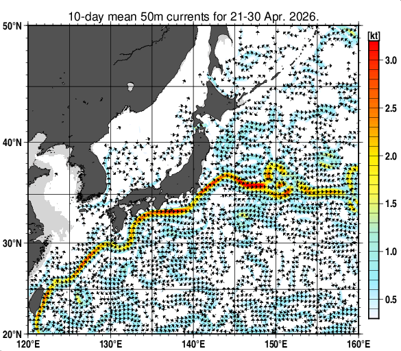 日本近海の深さ50mの旬平均海流分布図（2026年4月下旬）