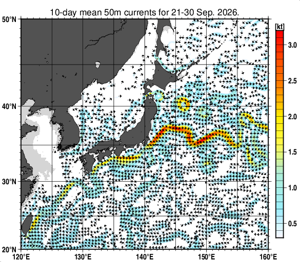 日本近海の深さ50mの旬平均海流分布図（2026年9月下旬）