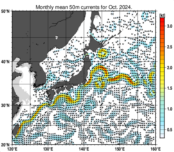 日本近海の深さ50mの月平均海流分布図（2024年10月）