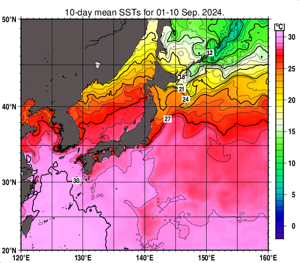 日本近海の旬平均海面水温分布図（2024年9月上旬）