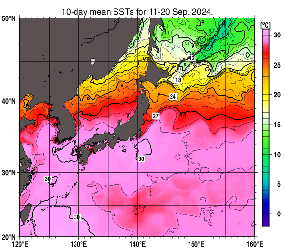 日本近海の旬平均海面水温分布図（2024年9月中旬）