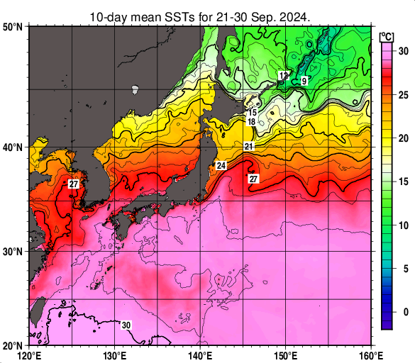 日本近海の旬平均海面水温分布図（2024年9月下旬）