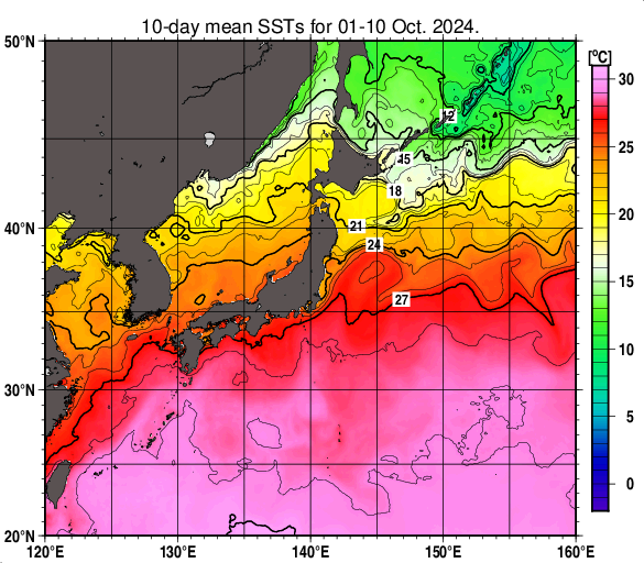 日本近海の旬平均海面水温分布図（2024年10月上旬）