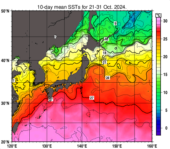 日本近海の旬平均海面水温分布図（2024年10月下旬）