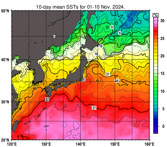 日本近海の旬平均海面水温分布図（2024年11月上旬）