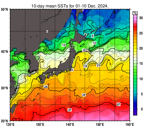 日本近海の旬平均海面水温分布図（2024年12月上旬）