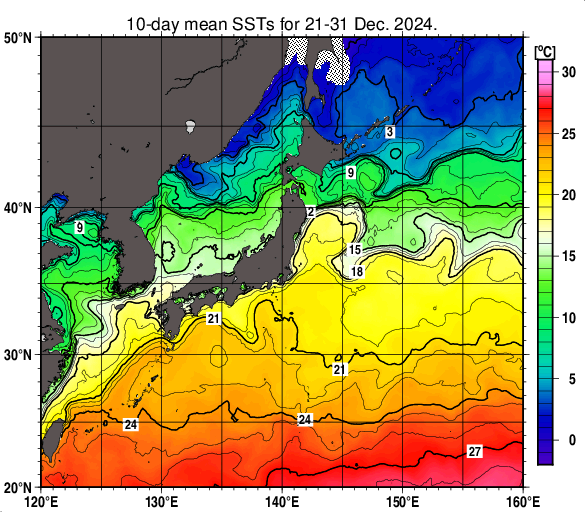 日本近海の旬平均海面水温分布図（2024年12月下旬）