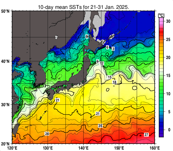 日本近海の旬平均海面水温分布図（2025年1月下旬）