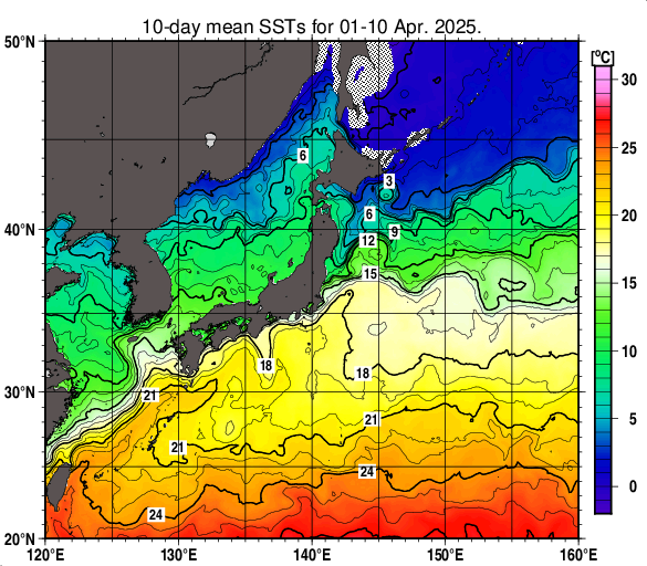 日本近海の旬平均海面水温分布図（2025年4月上旬）